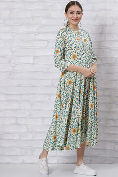 Cream Flared Printed Dress image number 2